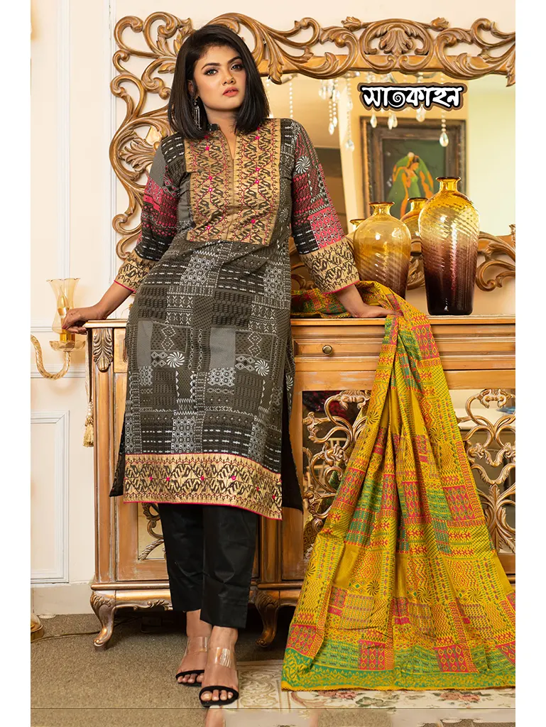 Exclusive cotton fabric with heavy embroidery worked   kameez set
