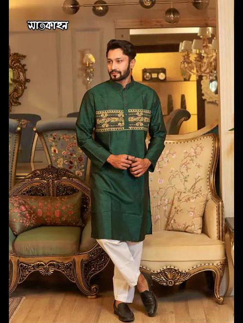 Silk green panjabi with embroidery work-ps901