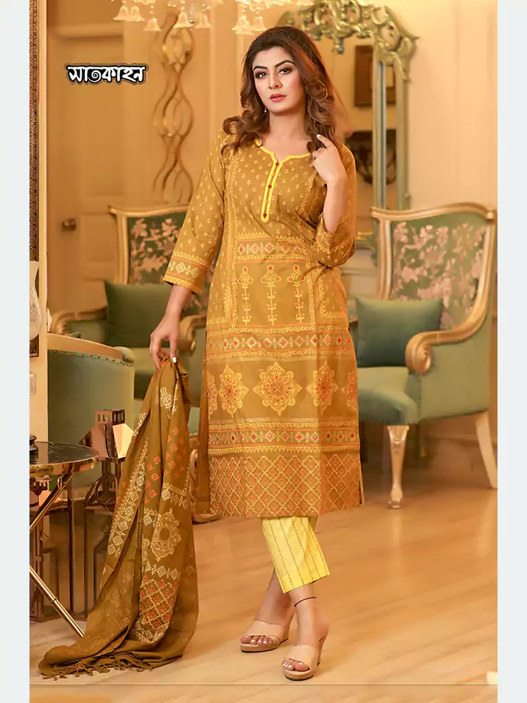 Mustard colour printed and embroidered handloom cotton shalwar kameez