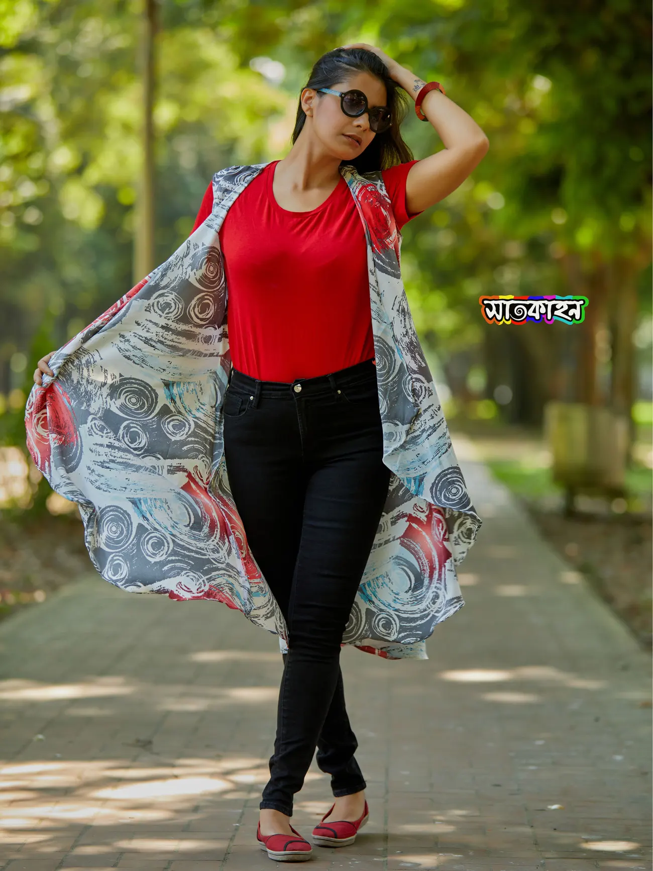 Exclusive white and red printed trendy shrug or koti